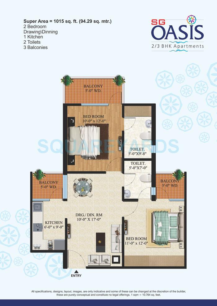 Floor plan of 2 BHK 1015 Sq. Ft. Apartment in SG Oasis, Ghaziabad