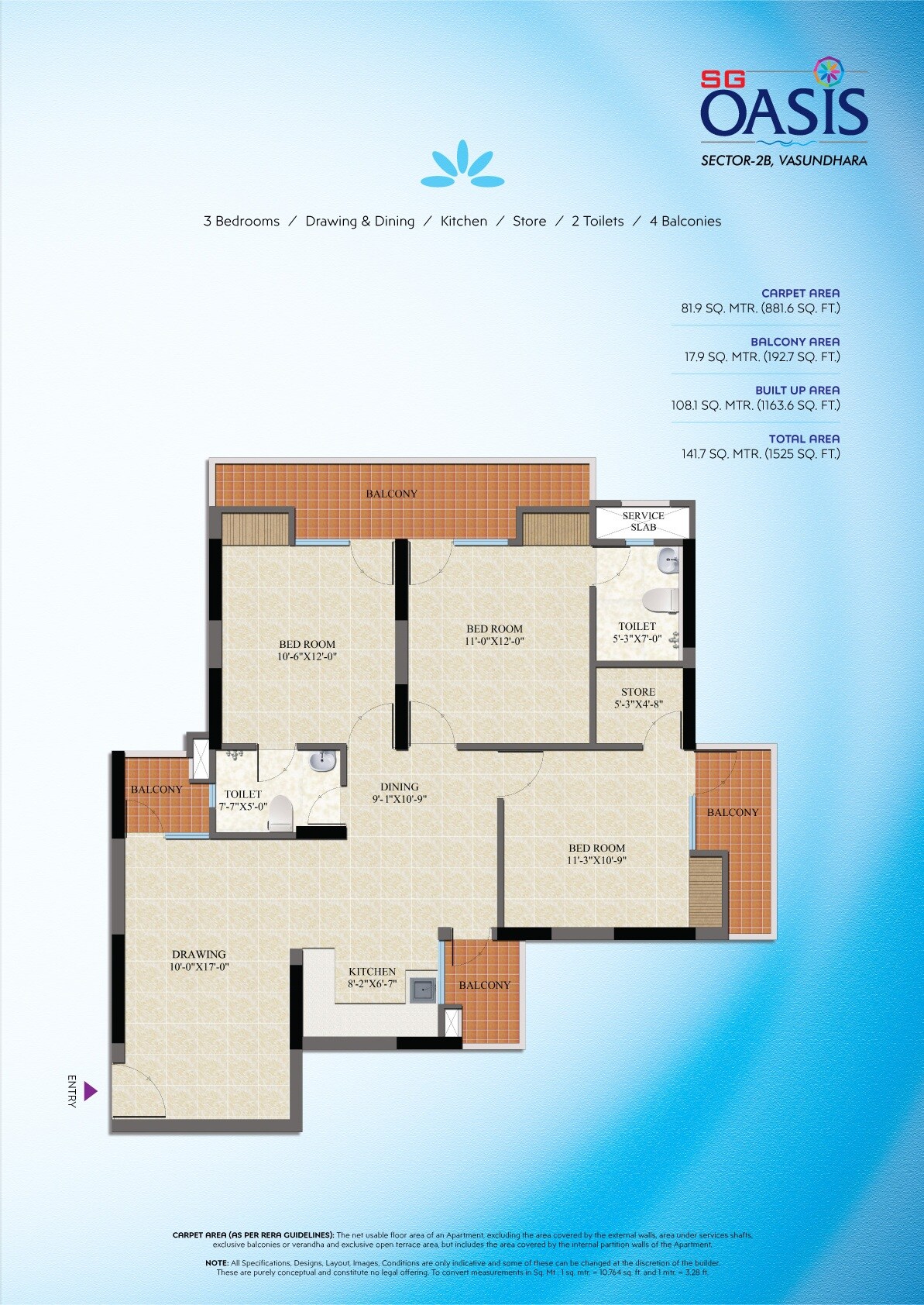 Floor plan of 3 BHK 1525 Sq. Ft. Apartment in SG Oasis, Ghaziabad