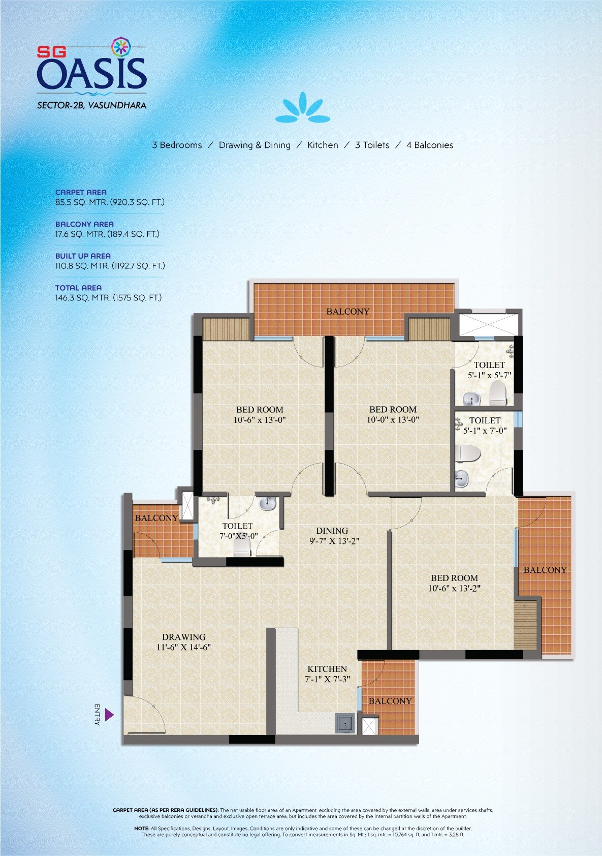 Floor plan of 3 BHK 1575 Sq. Ft. Apartment in SG Oasis, Ghaziabad