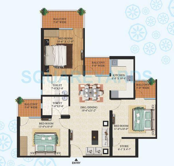 Floor plan of 3 BHK 1365 Sq. Ft. Apartment in SG Oasis, Ghaziabad