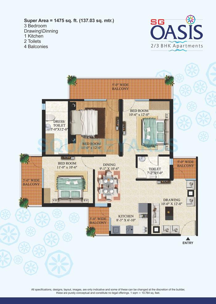 Floor plan of 3 BHK 1475 Sq. Ft. Apartment in SG Oasis, Ghaziabad