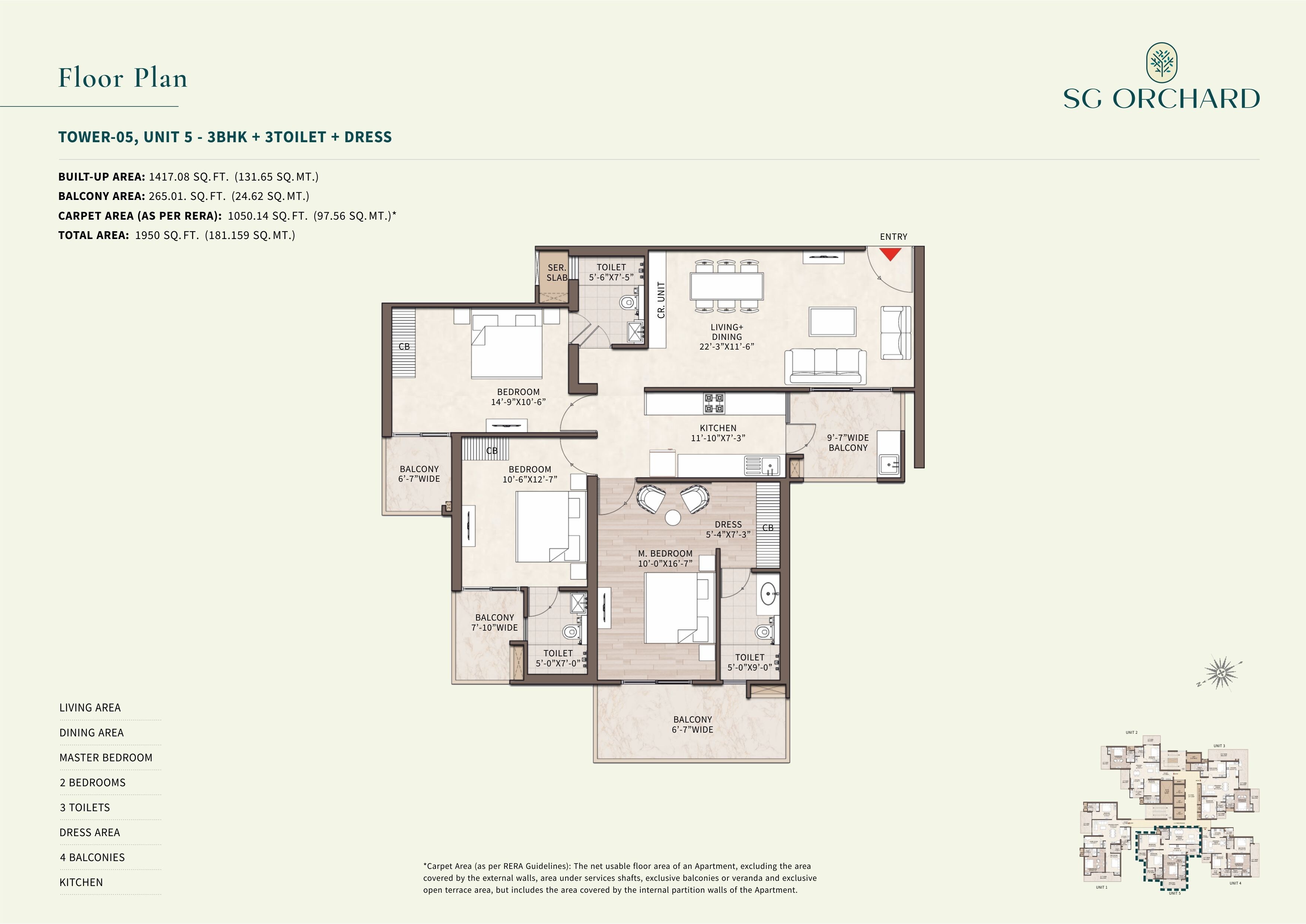 Floor plan of 3 BHK 1950 Sq. Ft. Apartment in SG Orchard, Ghaziabad