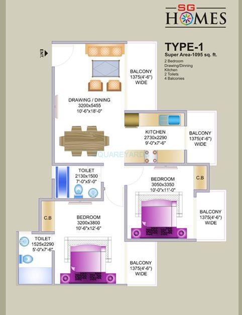 Floor plan of 2 BHK 1095 Sq. Ft. Apartment in SG Homes, Ghaziabad