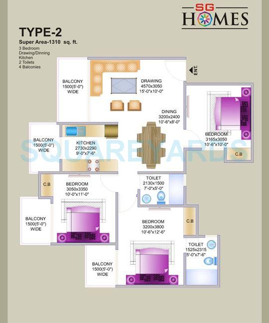 Floor plan of 3 BHK 1310 Sq. Ft. Apartment in SG Homes, Ghaziabad