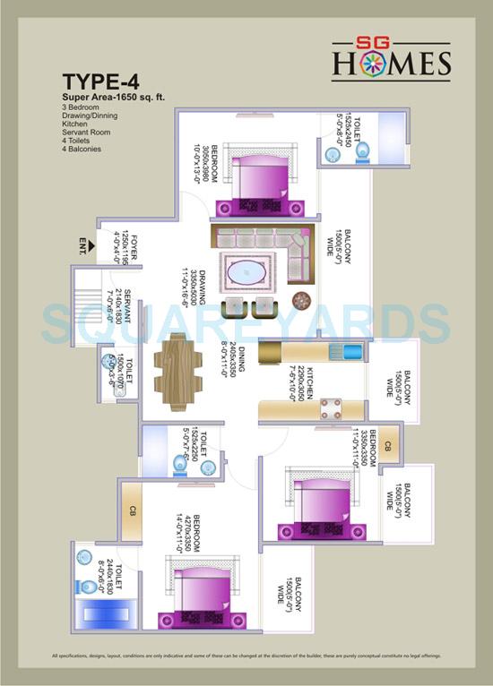 Floor plan of 3 BHK 1650 Sq. Ft. Apartment in SG Homes, Ghaziabad