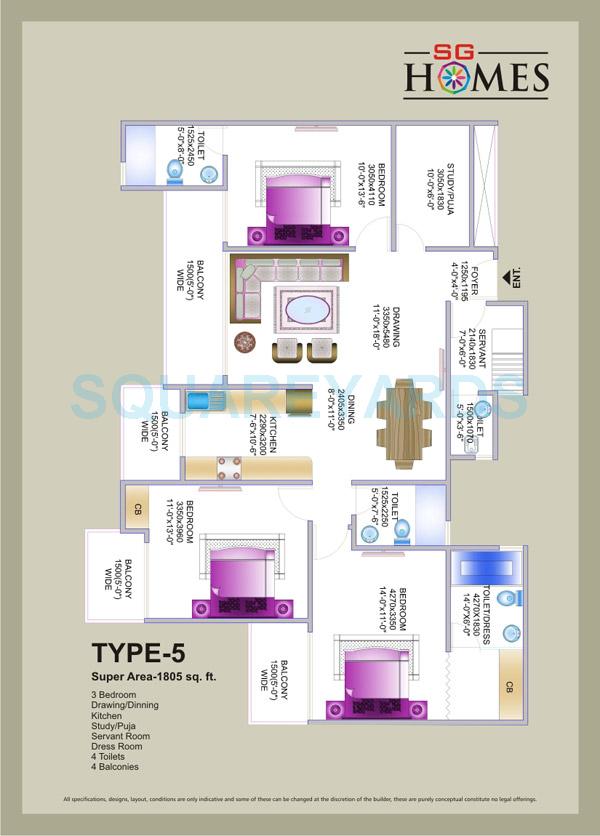 Floor plan of 3 BHK 1805 Sq. Ft. Apartment in SG Homes, Ghaziabad