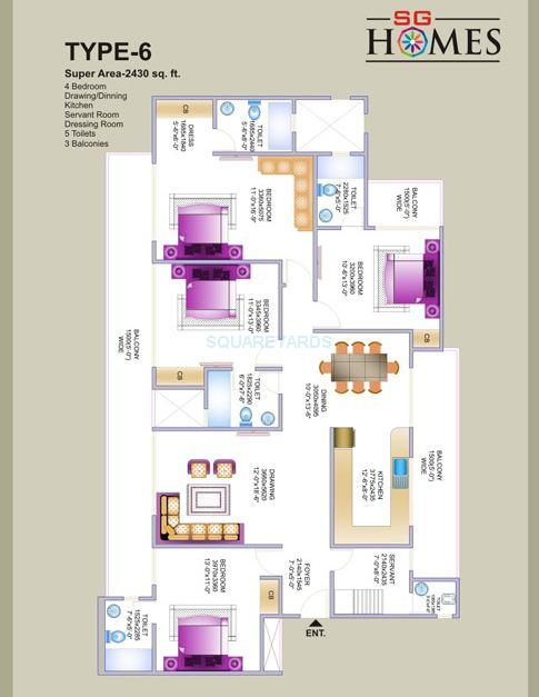 Floor plan of 4 BHK 2430 Sq. Ft. Apartment in SG Homes, Ghaziabad