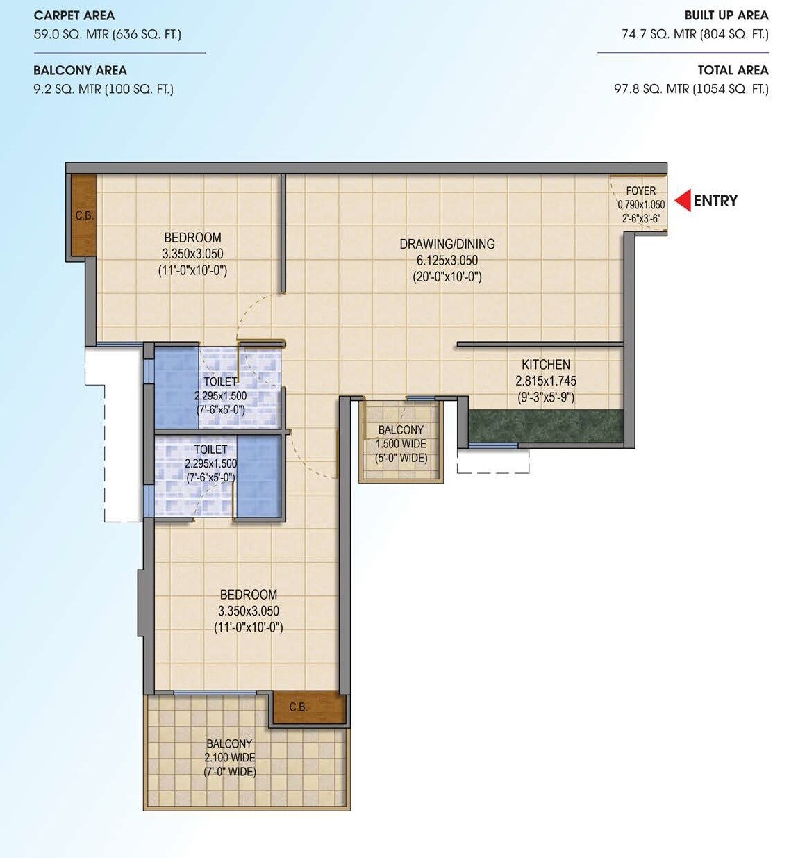 Floor plan of 2 BHK 1054 Sq. Ft. Apartment in SG Shikhar Height, Ghaziabad