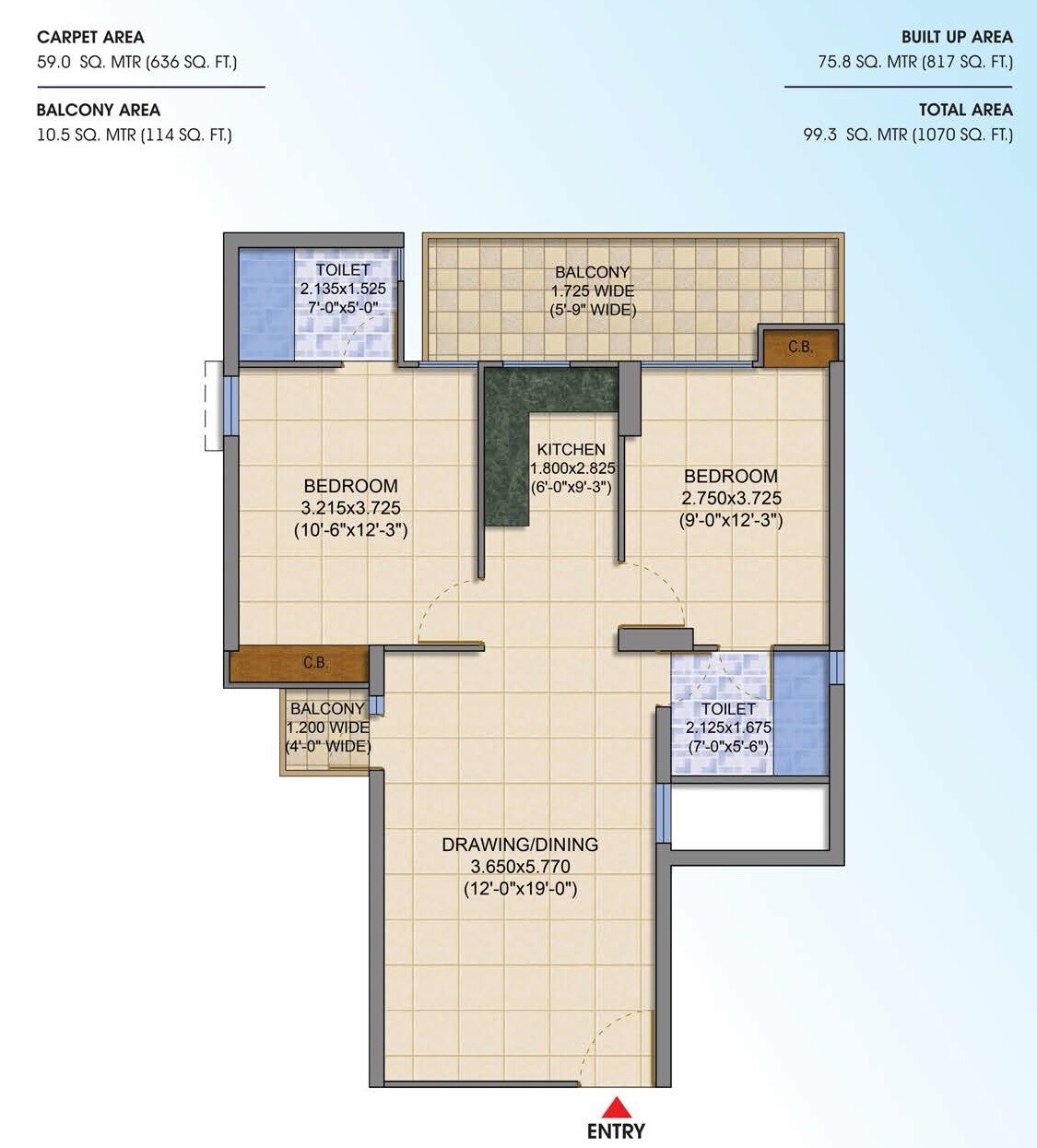 Floor plan of 2 BHK 1070 Sq. Ft. Apartment in SG Shikhar Height, Ghaziabad