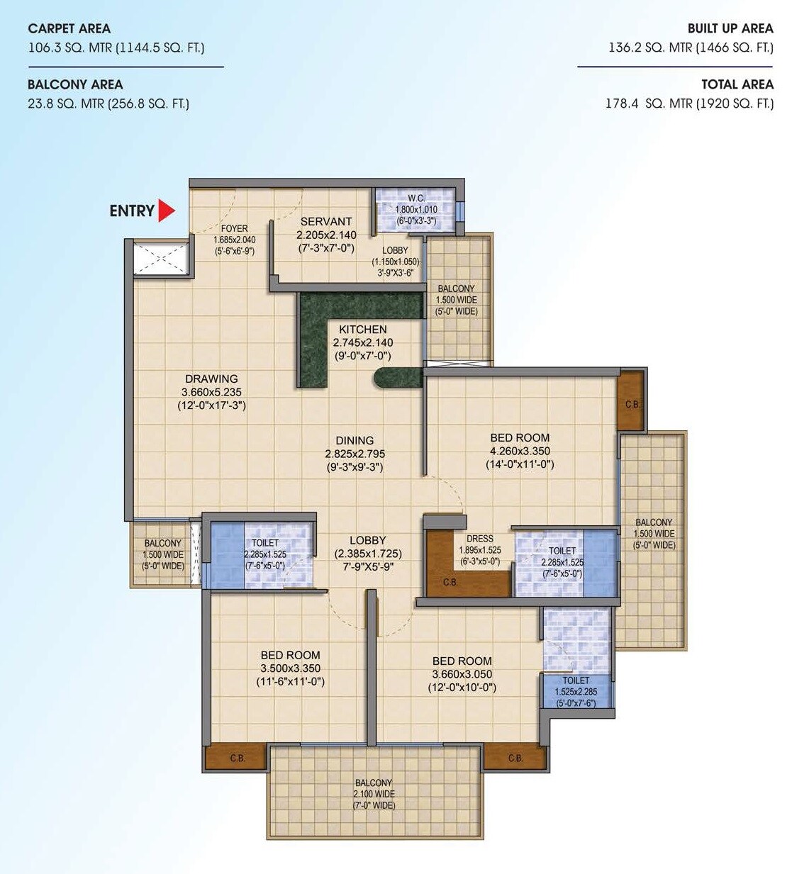 Floor plan of 3 BHK 1920 Sq. Ft. Apartment in SG Shikhar Height, Ghaziabad
