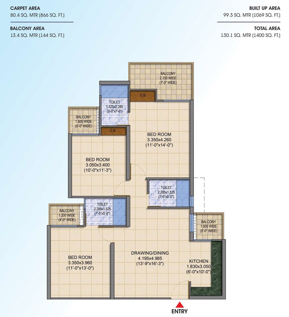 Floor plan of 3 BHK 1400 Sq. Ft. Apartment in SG Shikhar Height, Ghaziabad