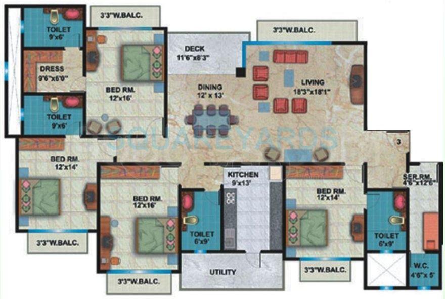 Floor plan of 4 BHK 3000 Sq. Ft. Apartment in Shipra Srishti, Ghaziabad