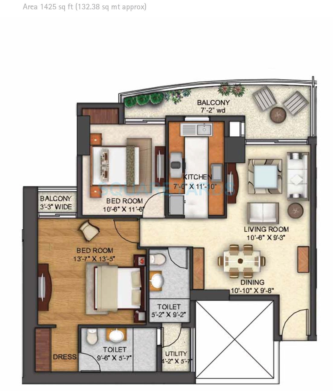 Floor plan of 2 BHK 1425 Sq. Ft. Apartment in Shipra Sky City, Ghaziabad