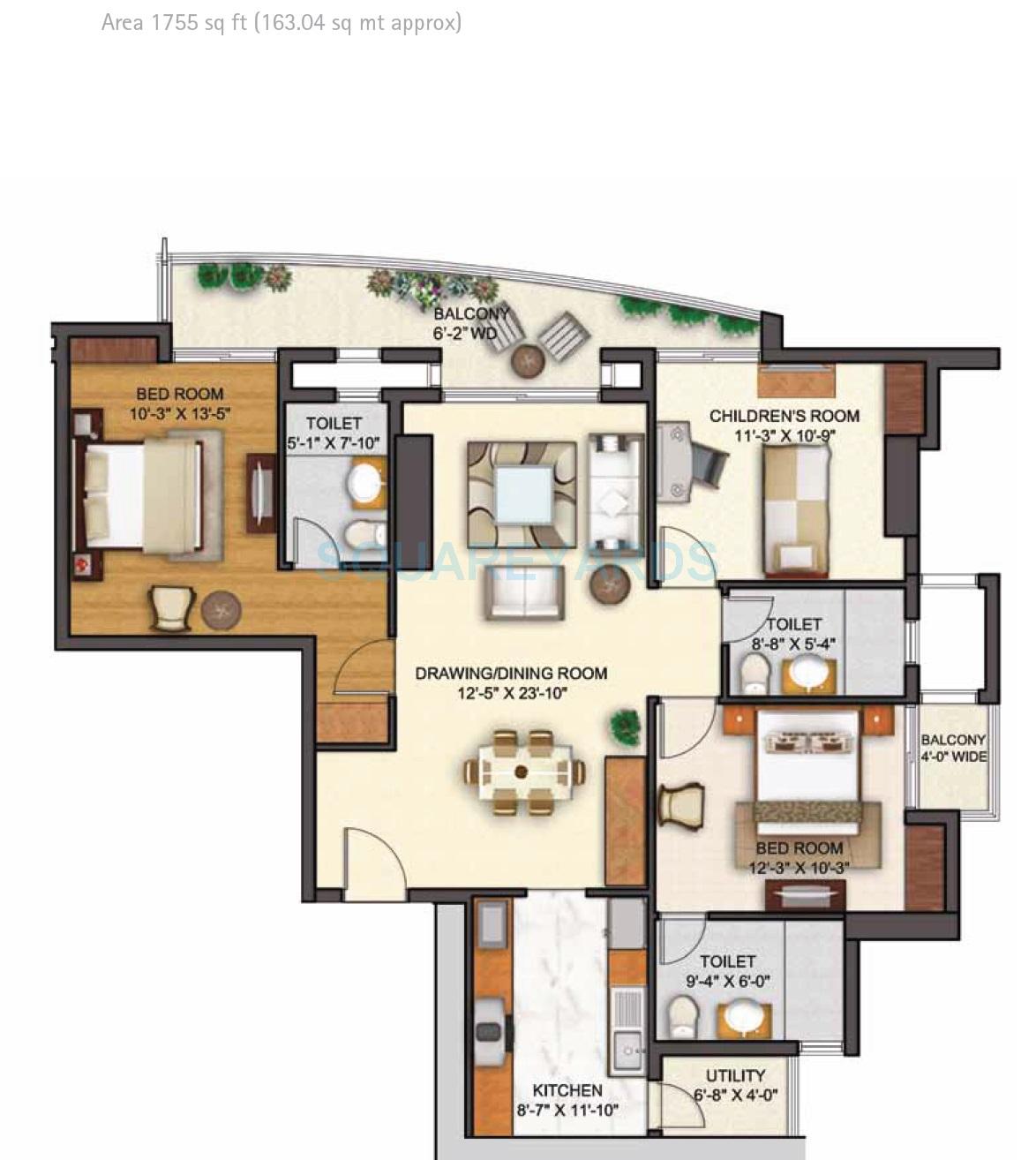 Floor plan of 3 BHK 1755 Sq. Ft. Apartment in Shipra Sky City, Ghaziabad