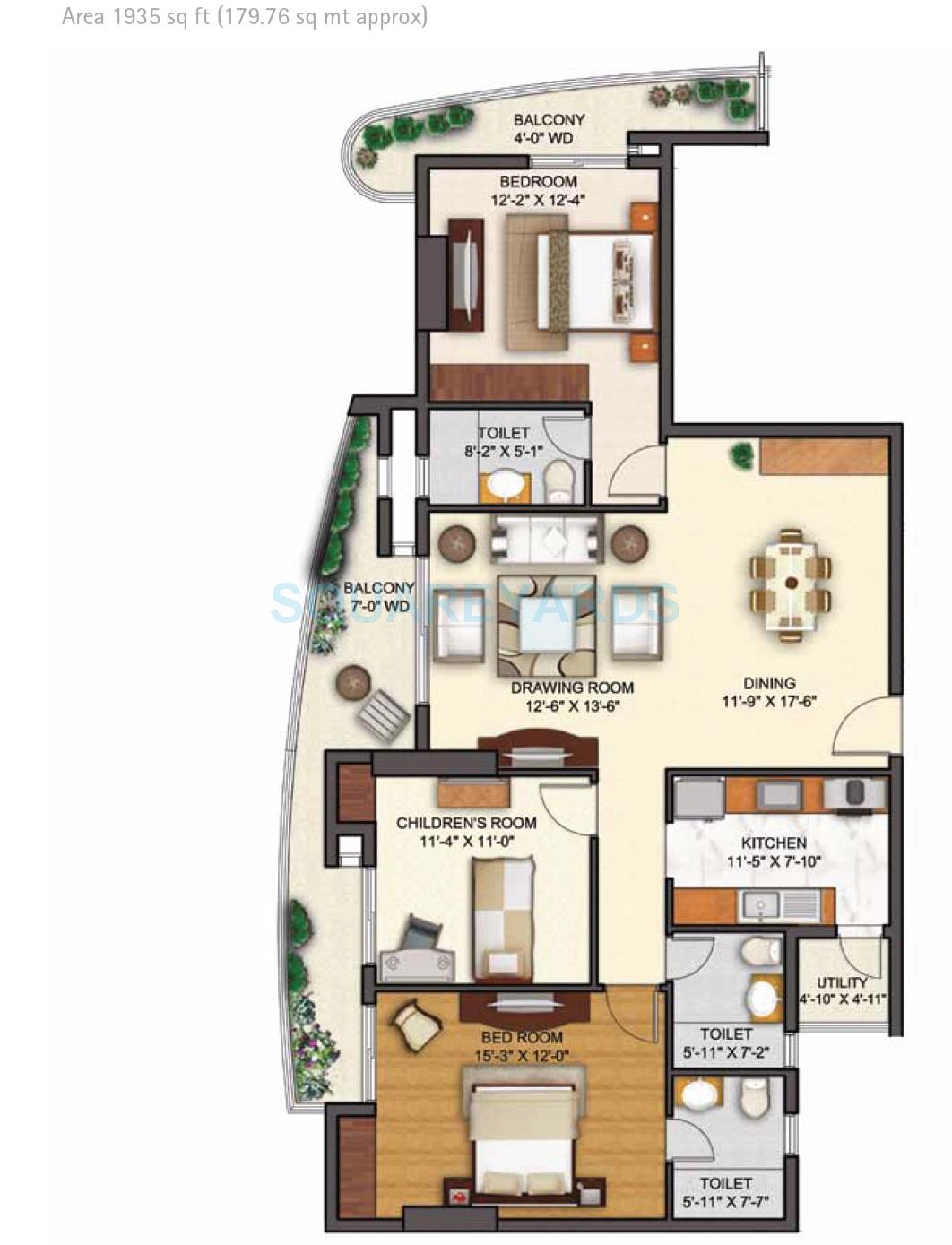 Floor plan of 3 BHK 1935 Sq. Ft. Apartment in Shipra Sky City, Ghaziabad