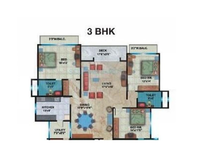 Floor plan of 3 BHK 1625 Sq. Ft. Apartment in Shipra Srishti, Ghaziabad