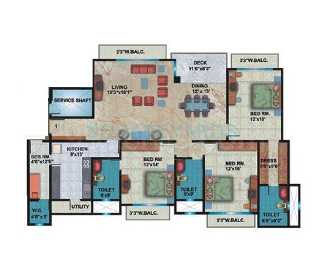 Floor plan of 3 BHK 2500 Sq. Ft. Apartment in Shipra Srishti, Ghaziabad