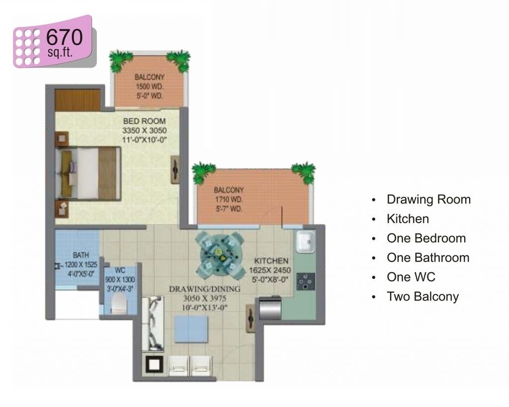 Floor plan of 1 BHK 670 Sq. Ft. Apartment in Shree Energy Classic Homes, Ghaziabad