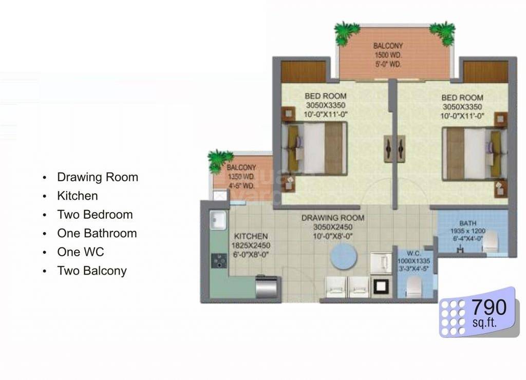 Floor plan of 2 BHK 790 Sq. Ft. Apartment in Shree Energy Classic Homes, Ghaziabad