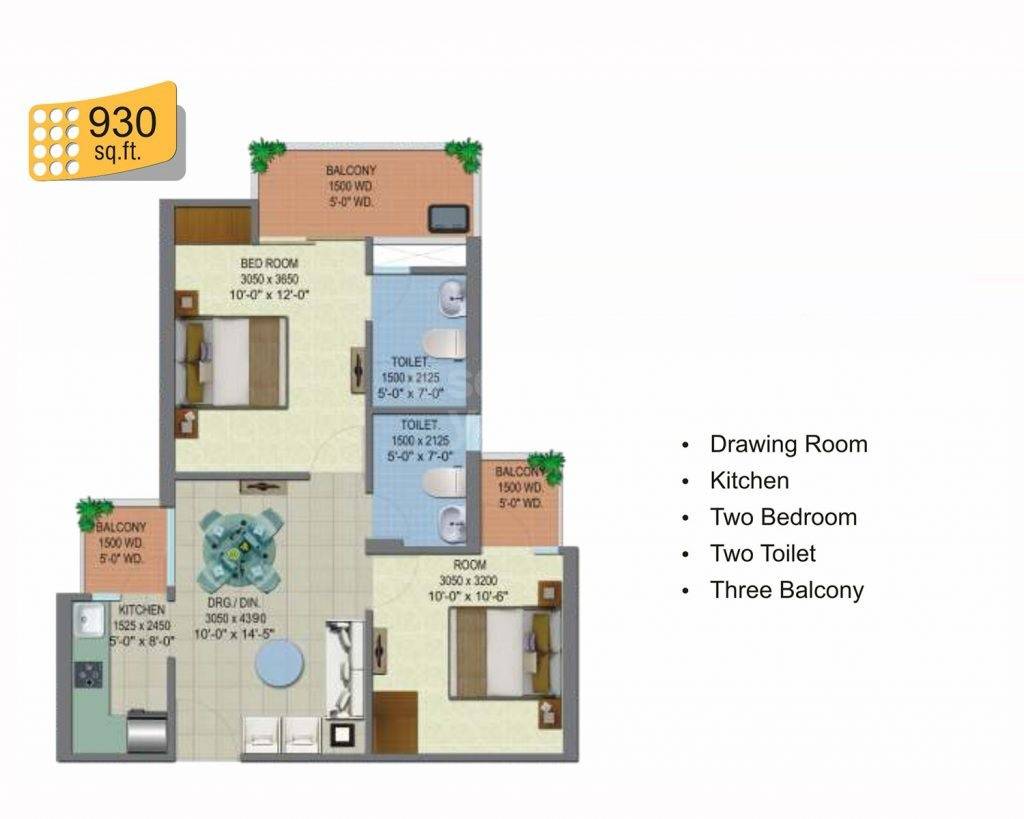 Floor plan of 2 BHK 930 Sq. Ft. Apartment in Shree Energy Classic Homes, Ghaziabad