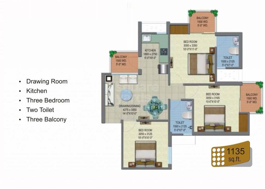 Floor plan of 3 BHK 1135 Sq. Ft. Apartment in Shree Energy Classic Homes, Ghaziabad