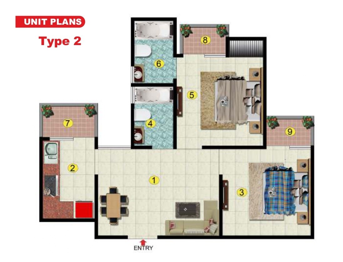 Floor plan of 2 BHK 779 Sq. Ft. Apartment in Sikka Kannan Greens, Ghaziabad
