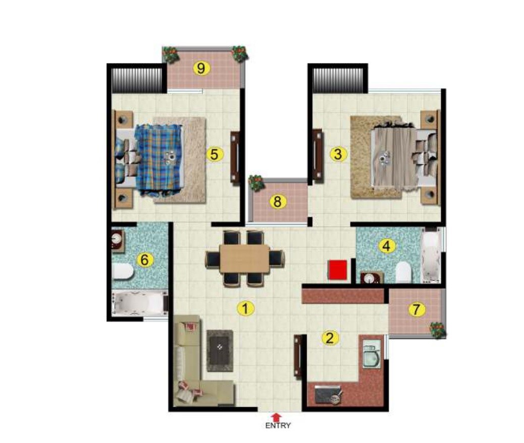 Floor plan of 2 BHK 843 Sq. Ft. Apartment in Sikka Kannan Greens, Ghaziabad