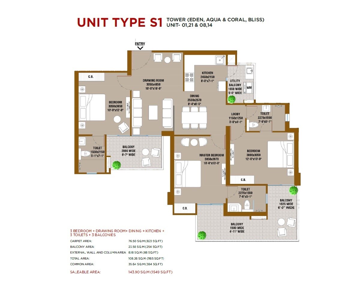 Floor plan of 3 BHK 1549 Sq. Ft. Apartment in SKA Atlantis, Ghaziabad