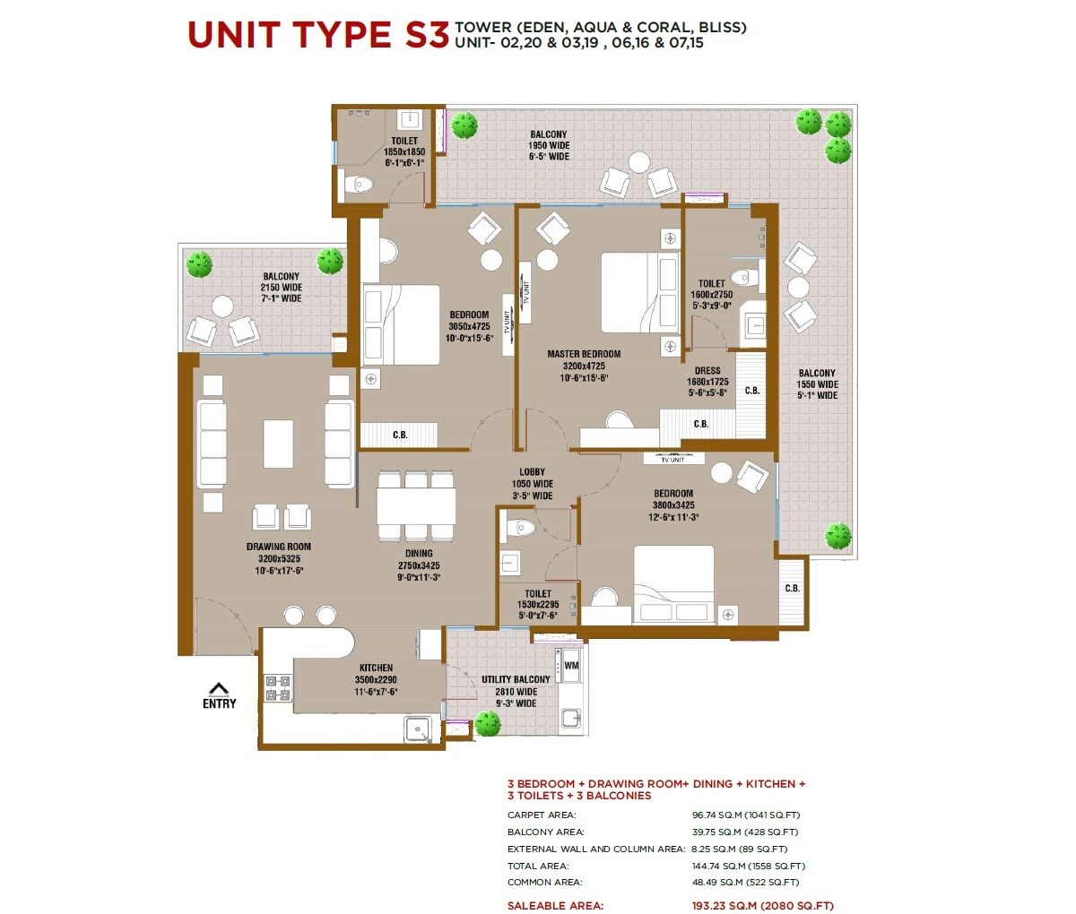 Floor plan of 3 BHK 2080 Sq. Ft. Apartment in SKA Atlantis, Ghaziabad