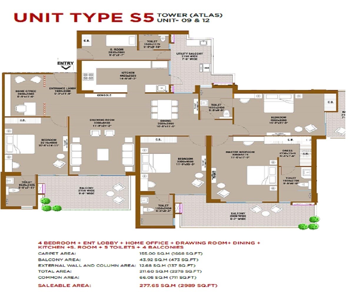 Floor plan of 4 BHK 2989 Sq. Ft. Apartment in SKA Atlantis, Ghaziabad