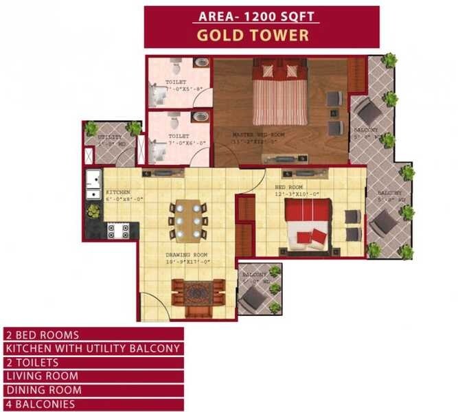 Floor plan of 2 BHK 1200 Sq. Ft. Apartment in SKB Gold Coast, Ghaziabad