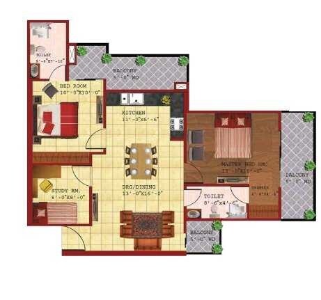 Floor plan of 2 BHK 1285 Sq. Ft. Apartment in SKB Gold Coast, Ghaziabad