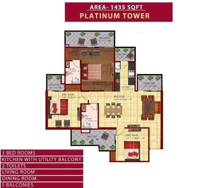Floor plan of 3 BHK 1435 Sq. Ft. Apartment in SKB Gold Coast, Ghaziabad