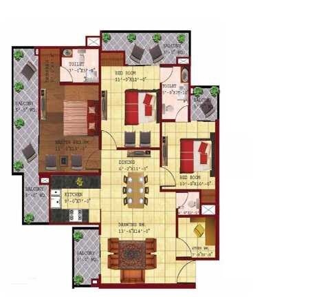 Floor plan of 3 BHK 1630 Sq. Ft. Apartment in SKB Gold Coast, Ghaziabad
