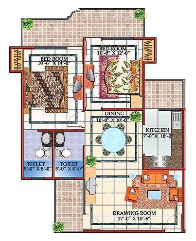 Floor plan of 2 BHK 1350 Sq. Ft. Apartment in Skytech Magadh, Ghaziabad