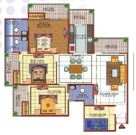 Floor plan of 3 BHK 1750 Sq. Ft. Apartment in Skytech Merion Residency 1, Ghaziabad