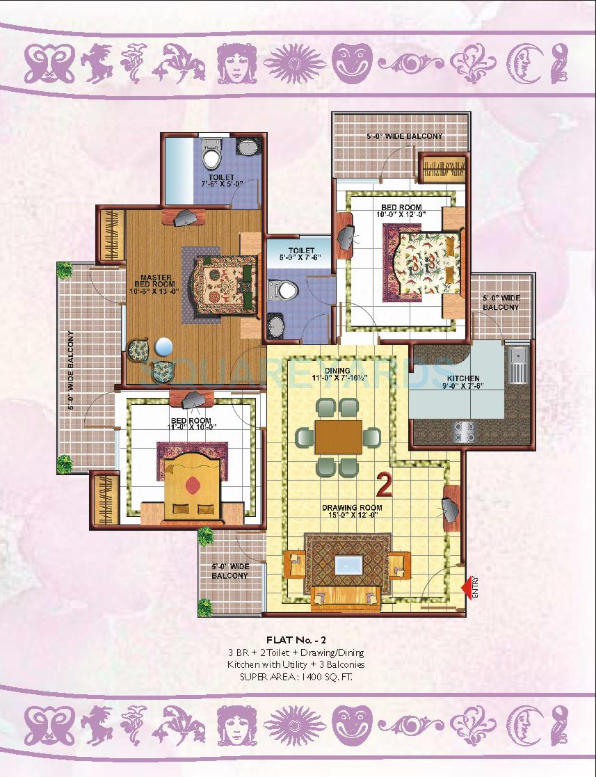 Floor plan of 3 BHK 1440 Sq. Ft. Apartment in Skytech Merion Residency 2, Ghaziabad