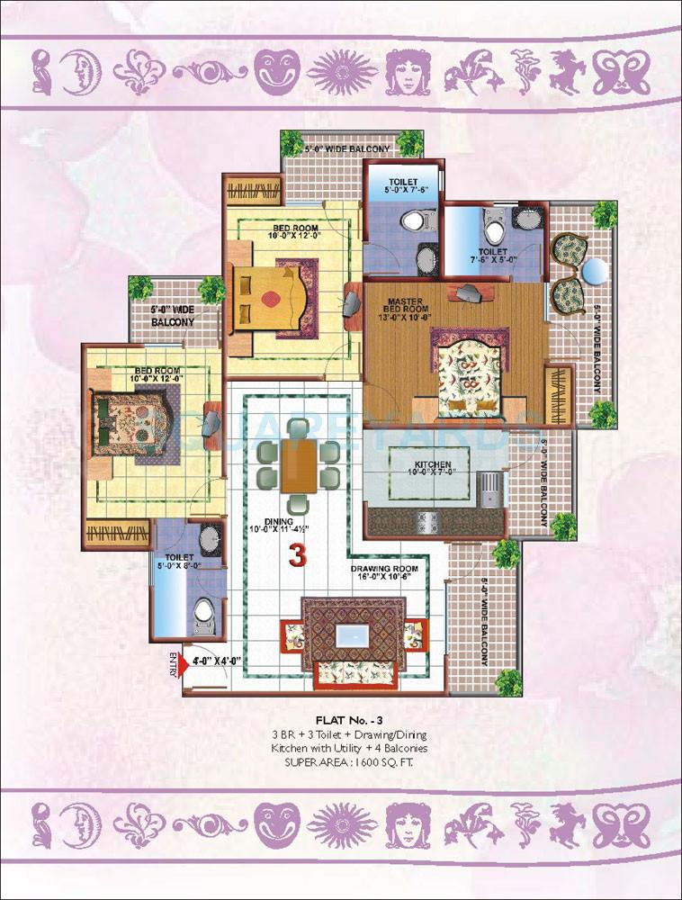 Floor plan of 3 BHK 1600 Sq. Ft. Apartment in Skytech Merion Residency 2, Ghaziabad