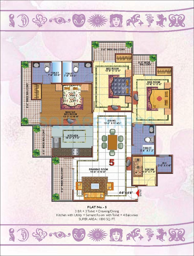 Floor plan of 3 BHK 1800 Sq. Ft. Apartment in Skytech Merion Residency 2, Ghaziabad