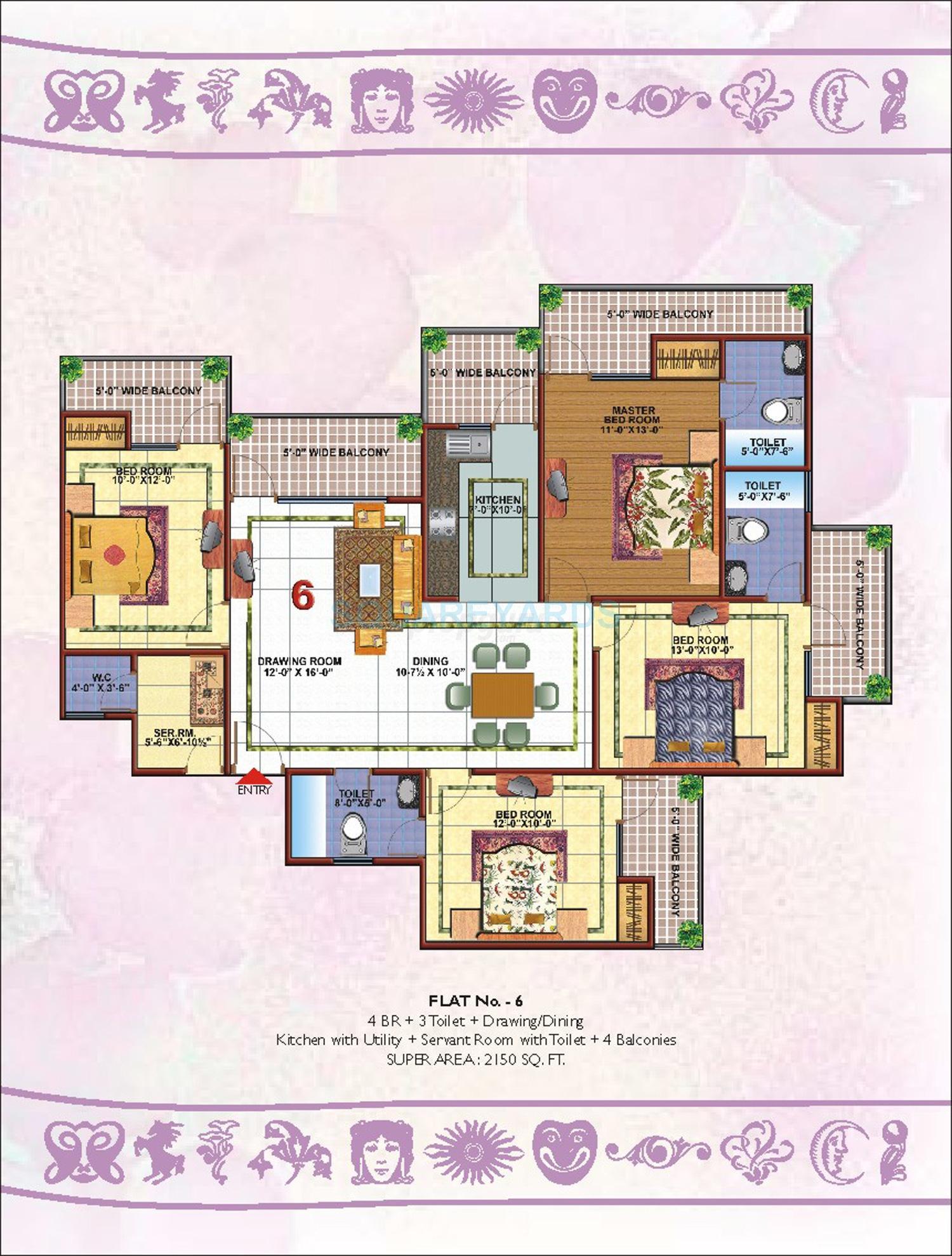 Floor plan of 4 BHK 2150 Sq. Ft. Apartment in Skytech Merion Residency 2, Ghaziabad