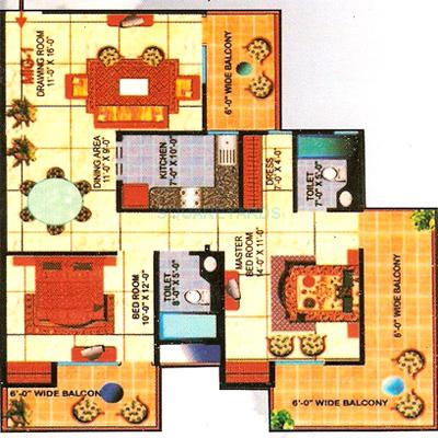 Floor plan of 2 BHK 1400 Sq. Ft. Apartment in Skytech Amrapali, Ghaziabad