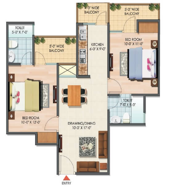 Floor plan of 2 BHK 722 Sq. Ft. Apartment in SPLS Griha Aawas Yojna, Ghaziabad