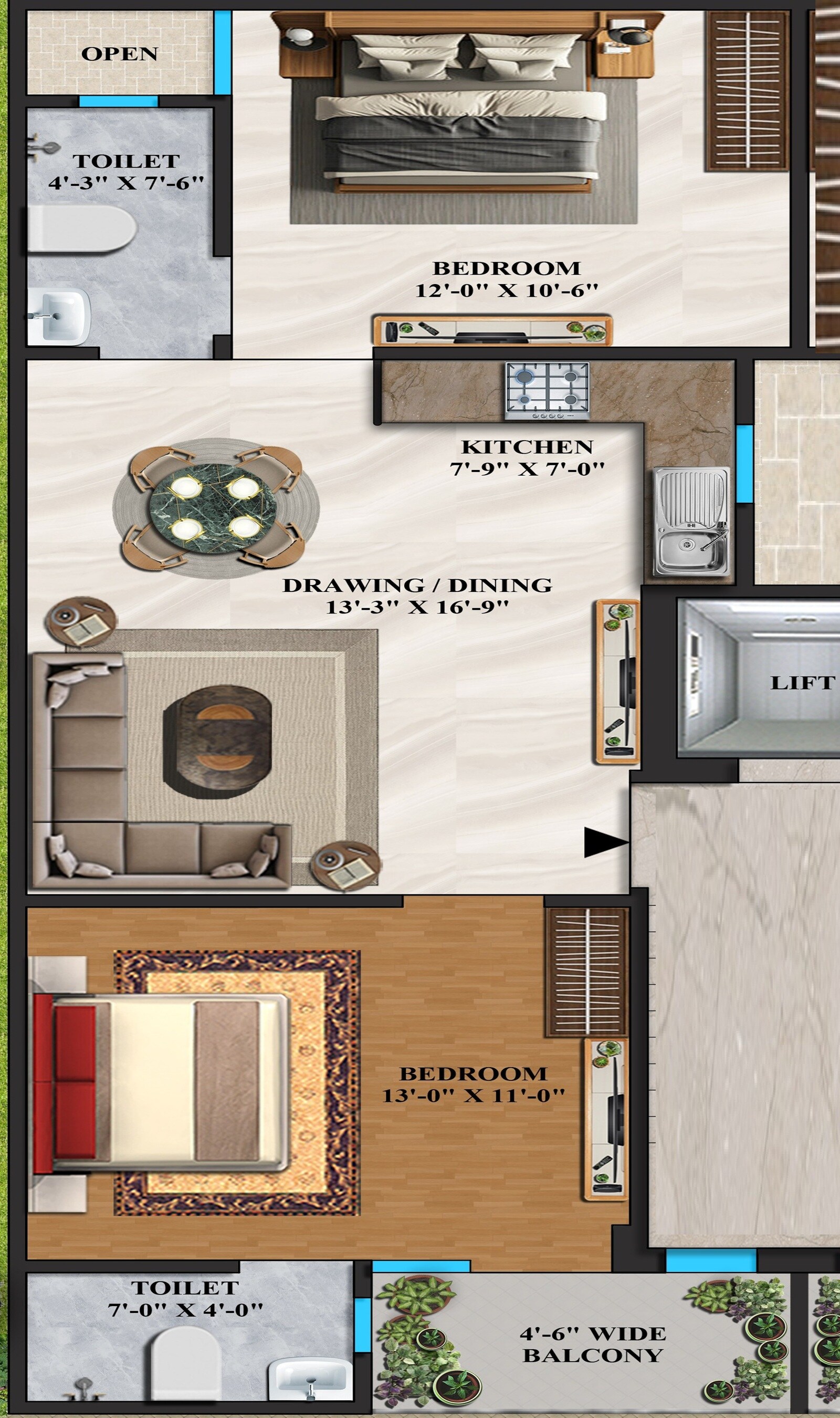 Floor plan of 2 BHK 1100 Sq. Ft. Apartment in SR Dwarka City, Ghaziabad
