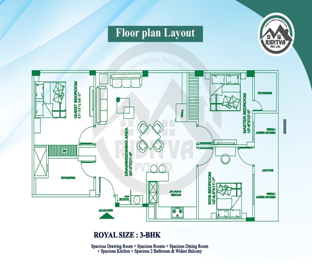 Floor plan of 3 BHK 1500 Sq. Ft. Apartment in SR Dwarka City, Ghaziabad