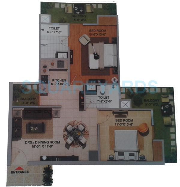 Floor plan of 2 BHK 1185 Sq. Ft. Apartment in SRB Orchid Avenue, Ghaziabad
