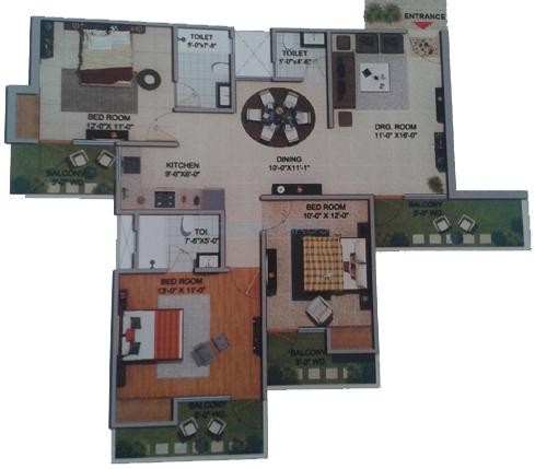 Floor plan of 3 BHK 1685 Sq. Ft. Apartment in SRB Orchid Avenue, Ghaziabad