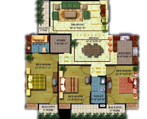 Floor plan of 3 BHK 1515 Sq. Ft. Apartment in Supertech Icon, Ghaziabad