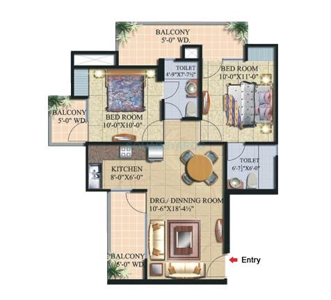 Floor plan of 2 BHK 1000 Sq. Ft. Apartment in Supertech Livingston, Ghaziabad