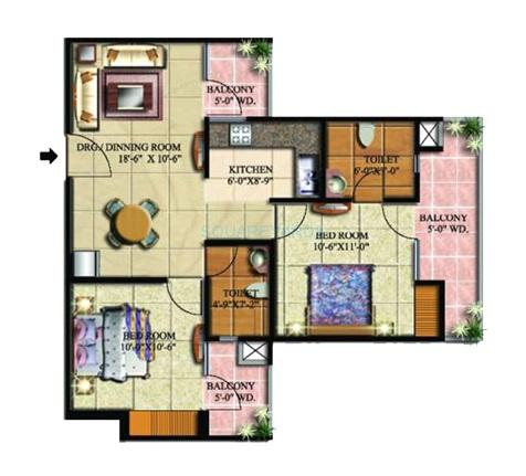 Floor plan of 2 BHK 1015 Sq. Ft. Apartment in Supertech Livingston, Ghaziabad