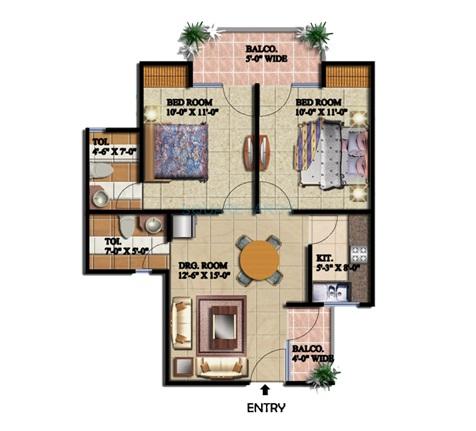 Floor plan of 2 BHK 1050 Sq. Ft. Apartment in Supertech Livingston, Ghaziabad
